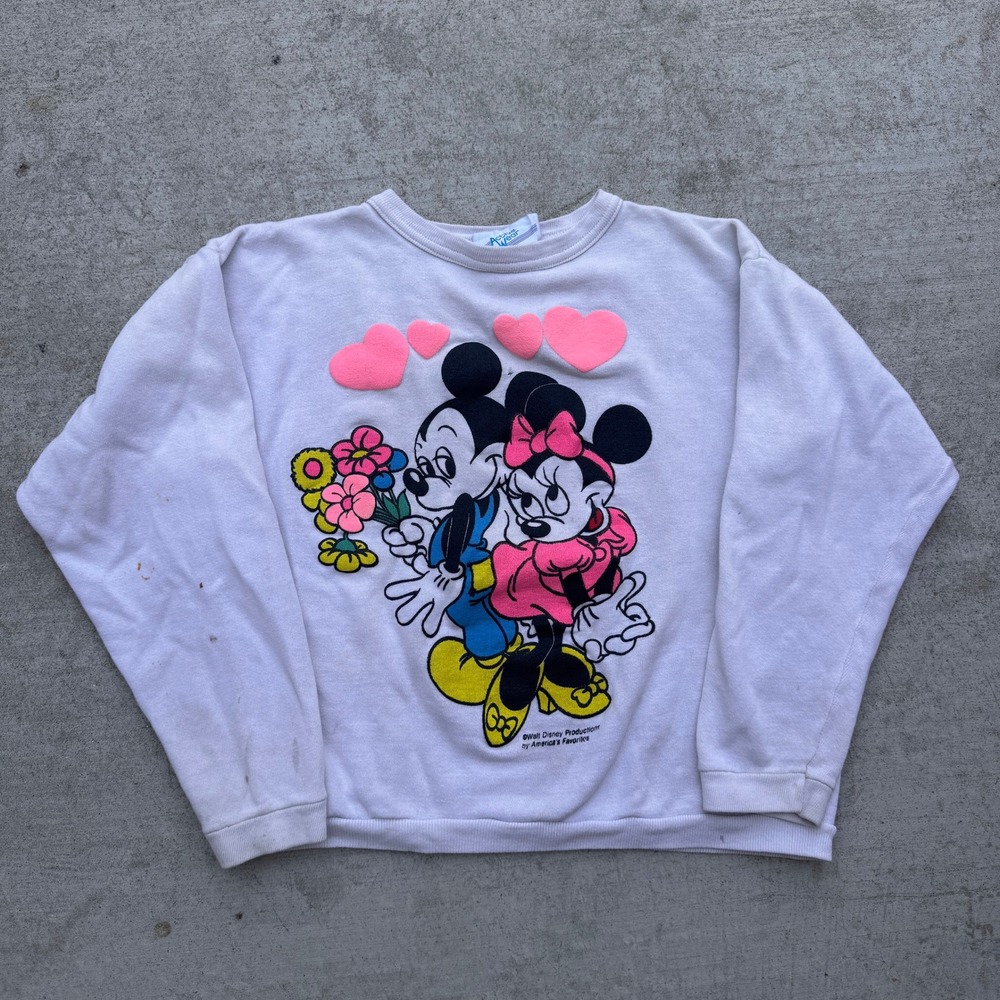 Vintage 80s Mickey Minnie Mouse Sweatshirt White Puff Print Hearts USA Made L